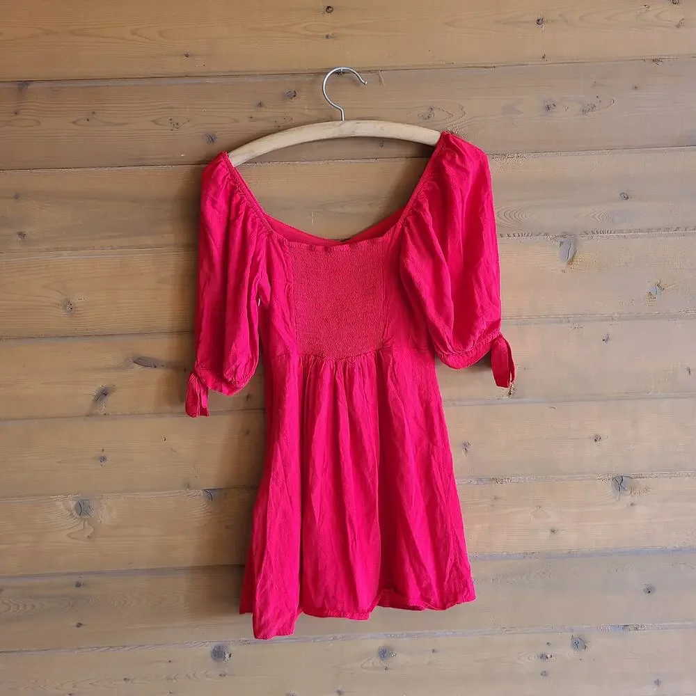 Forever21 Faux Button Front Tie Sleeve Smock Back Fit Flare Mini Dress Small - Picture 3 of 4
